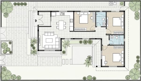 Bản vẽ&nbsp;nhà cấp 4 chữ L 3 phòng ngủ mẫu 1
