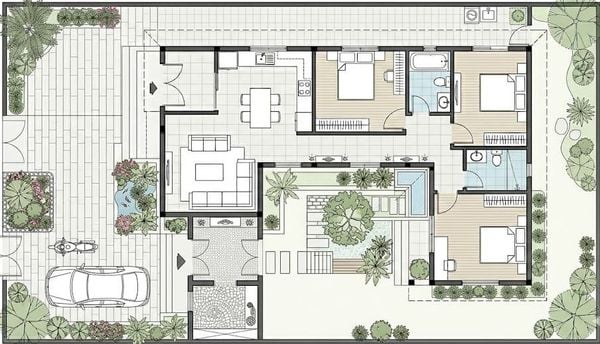 Bản vẽ&nbsp;nhà cấp 4 chữ L 3 phòng ngủ mẫu 2