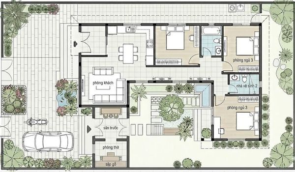 Bản vẽ&nbsp;nhà cấp 4 chữ L 3 phòng ngủ mẫu 3