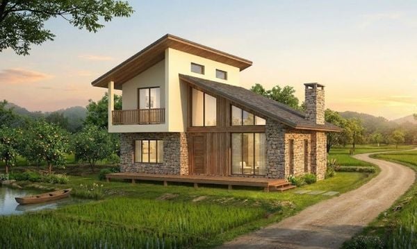 Mẫu nhà 2 tầng nông thôn 400 triệu mái lệch