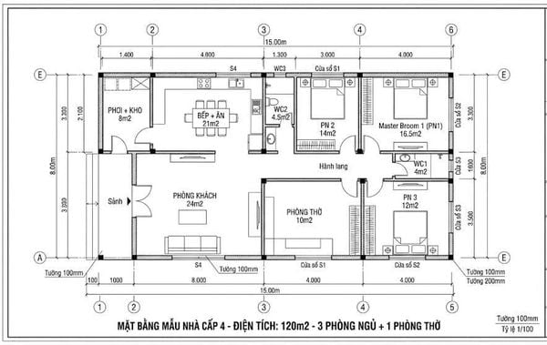 Bản vẽ mặt bằng mẫu nhà cấp 4 120m2 3 phòng ngủ 1 thờ