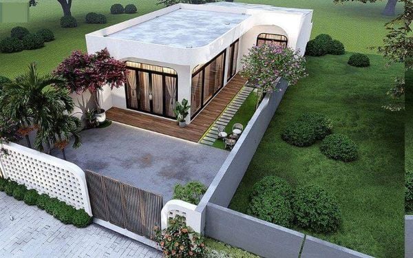 Mẫu nhà cấp 4 chữ L ở nông thôn mái bằng