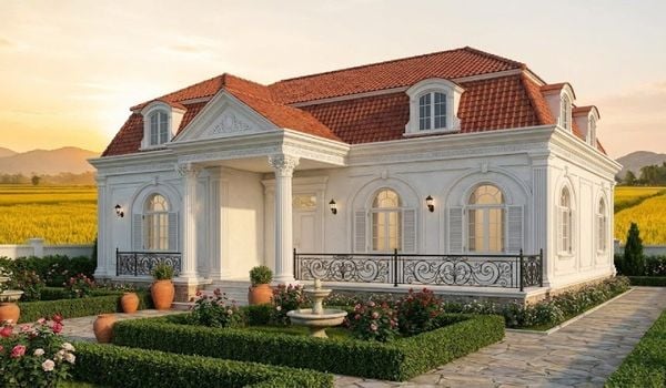 Mẫu nhà cấp 4 chữ L ở nông thôn tân cổ điển