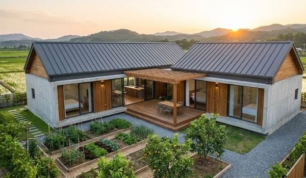 Mẫu nhà cấp 4 chữ L ở nông thôn 2 phòng ngủ
