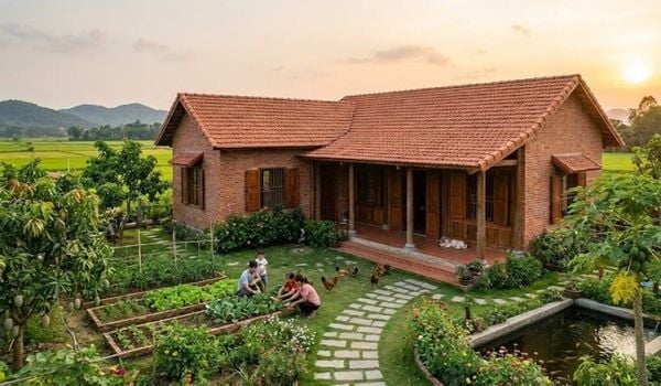 Mẫu nhà cấp 4 chữ L ở nông thôn có sân vườn
