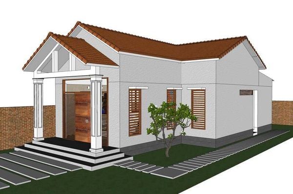 Mẫu nhà cấp 4 chữ L ở nông thôn có gác lửng