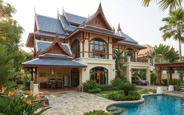 Mẫu nhà mái Thái 2 tầng 4 phòng ngủ có sân vườn