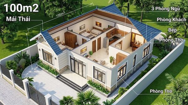 Mẫu nhà cấp 4 100m2 3 phòng ngủ mái Thái
