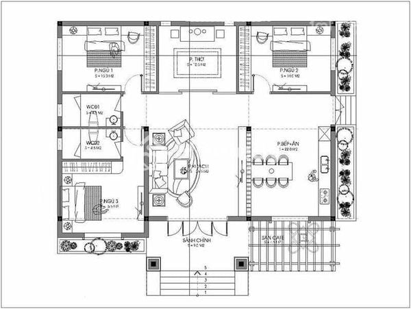 Bản vẽ nhà cấp 4 3 phòng ngủ có bếp riêng