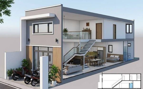 Mẫu nhà ống cấp 4 gác lửng 3 phòng ngủ 500 triệu 5x20m