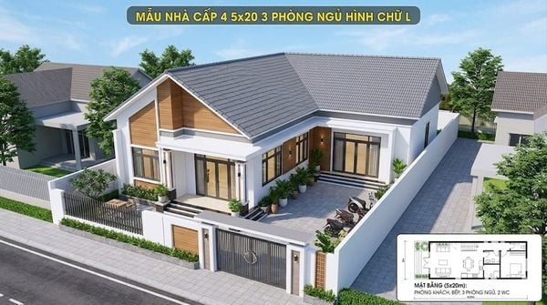 Mẫu&nbsp;nhà cấp 4 5x20 3 phòng ngủ hình chữ L