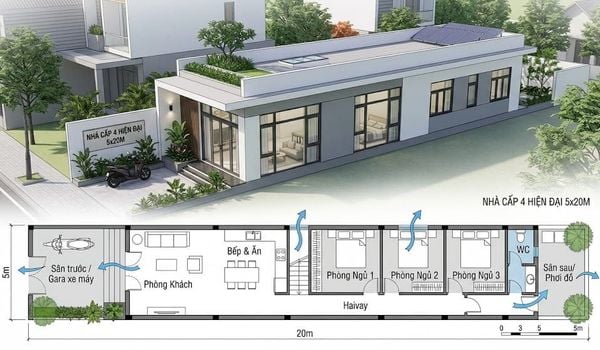 Mẫu nhà cấp 4 đẹp 5x20 3 phòng ngủ mái bằng