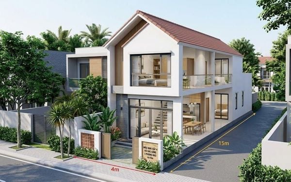Mẫu nhà cấp 4 có gác lửng 3 phòng ngủ 4x15