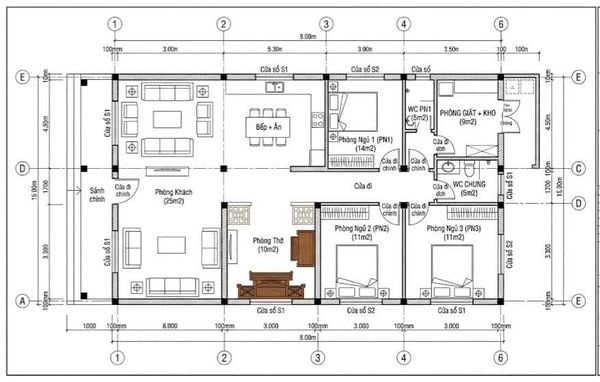 Bản vẽ nhà cấp 4 120m2 3 phòng ngủ 1 thờ ở phòng khách