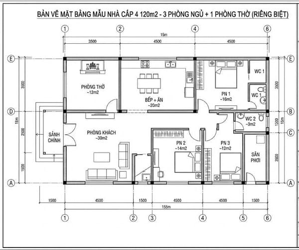 Bản vẽ nhà cấp 4 120m2 3 phòng ngủ 1 thờ riêng biệt