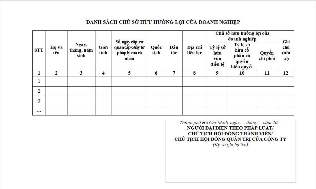 đồ họa miêu tả mẫu danh sách chủ sở hữu hưởng lợi công ty cổ phần