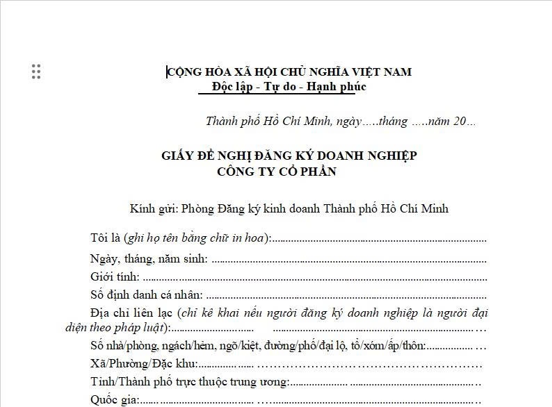 đồ họa miêu tả mẫu giấy đề nghị đăng ký doanh nghiệp công ty cổ phần