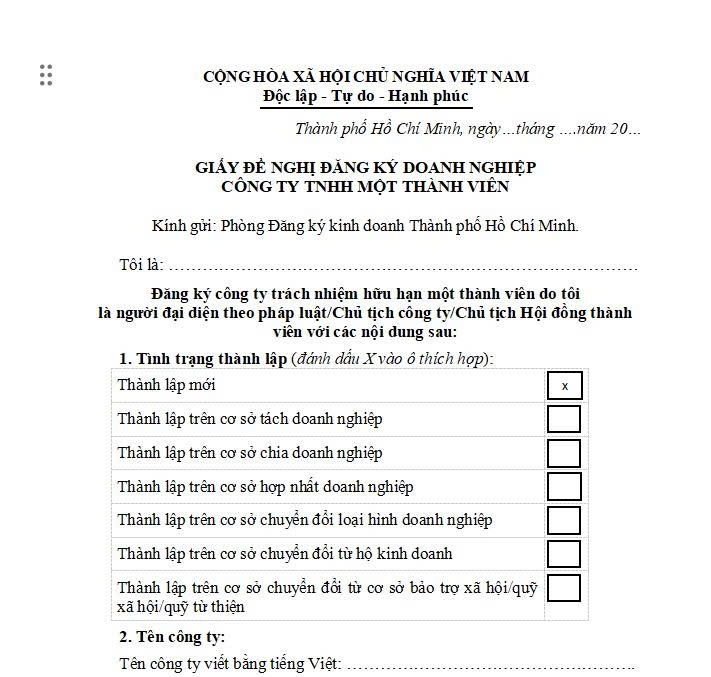 đồ họa miêu tả mẫu giấy đề nghị đăng ký doanh nghiệp công ty tnhh mtv
