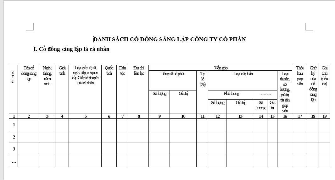 đồ họa miêu tả danh sách cổ đông sáng lập công ty cổ phần