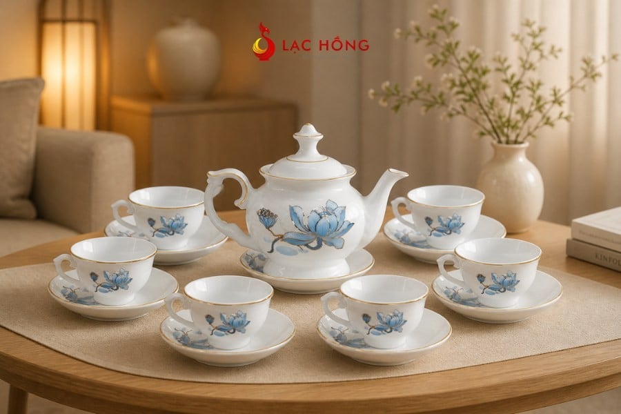 Bộ trà đài cát sen xanh kẻ vàng