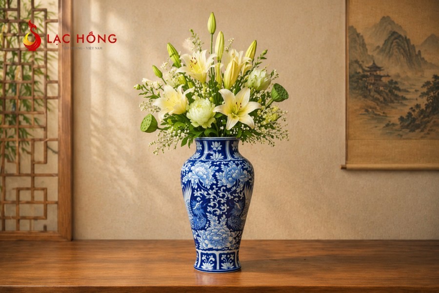 Bình hoa gốm Bát Tràng men lam