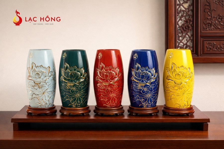 Lọ hoa khắc sen các màu men