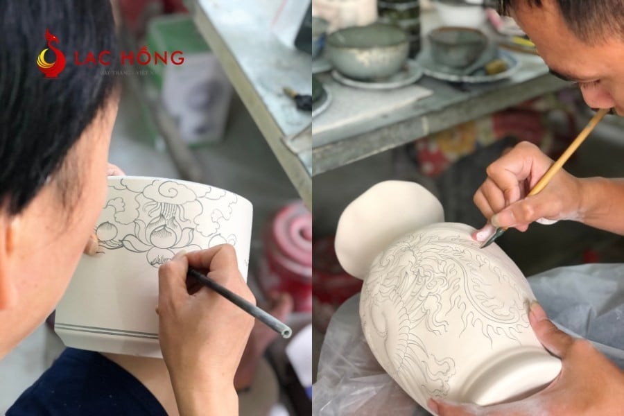 Vẽ trang trí sản phẩm tại xưởng Gốm Sứ Lạc Hồng