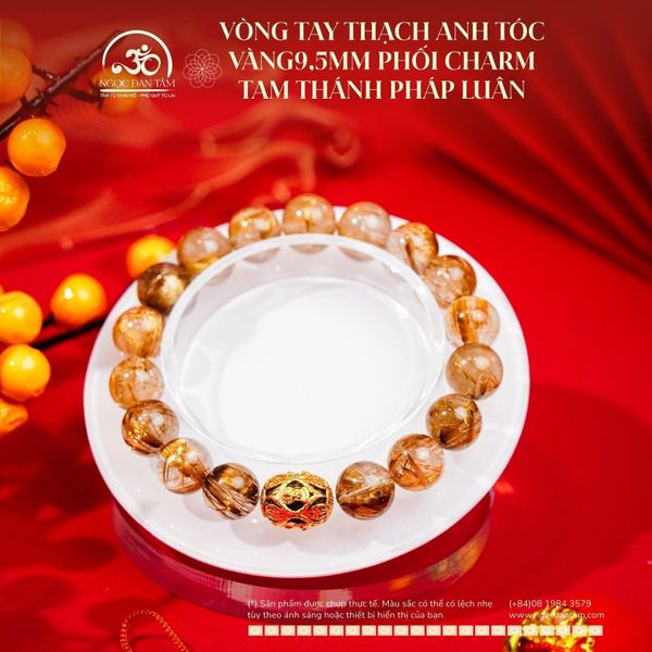 Vòng Tay Thạch Anh Tóc Vàng 9,5mm Phối Charm Tam Thánh Pháp Luân