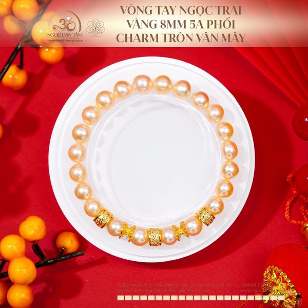 Vòng Tay Ngọc Trai Vàng 8mm 5A Phối Charm Tròn Vân Mây