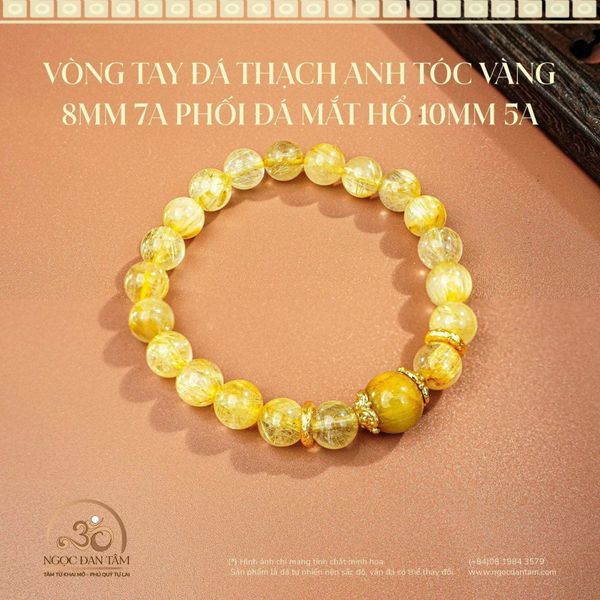 Vòng Tay Đá Thạch Anh Tóc Vàng 8mm 7A Phối Đá Mắt Hổ 10mm 5A