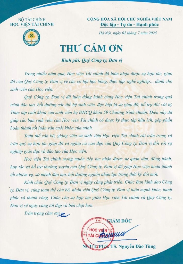 Thư cảm ơn từ Học Viện Hành Chính