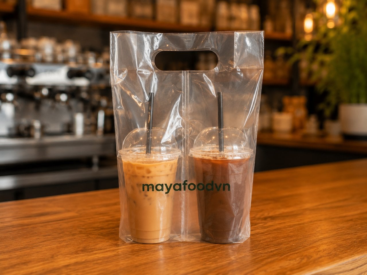 Bịch nilon 2 ngăn ép nhiệt đựng 2 ly mang đi in logo mayafoodvn tại quán cà phê