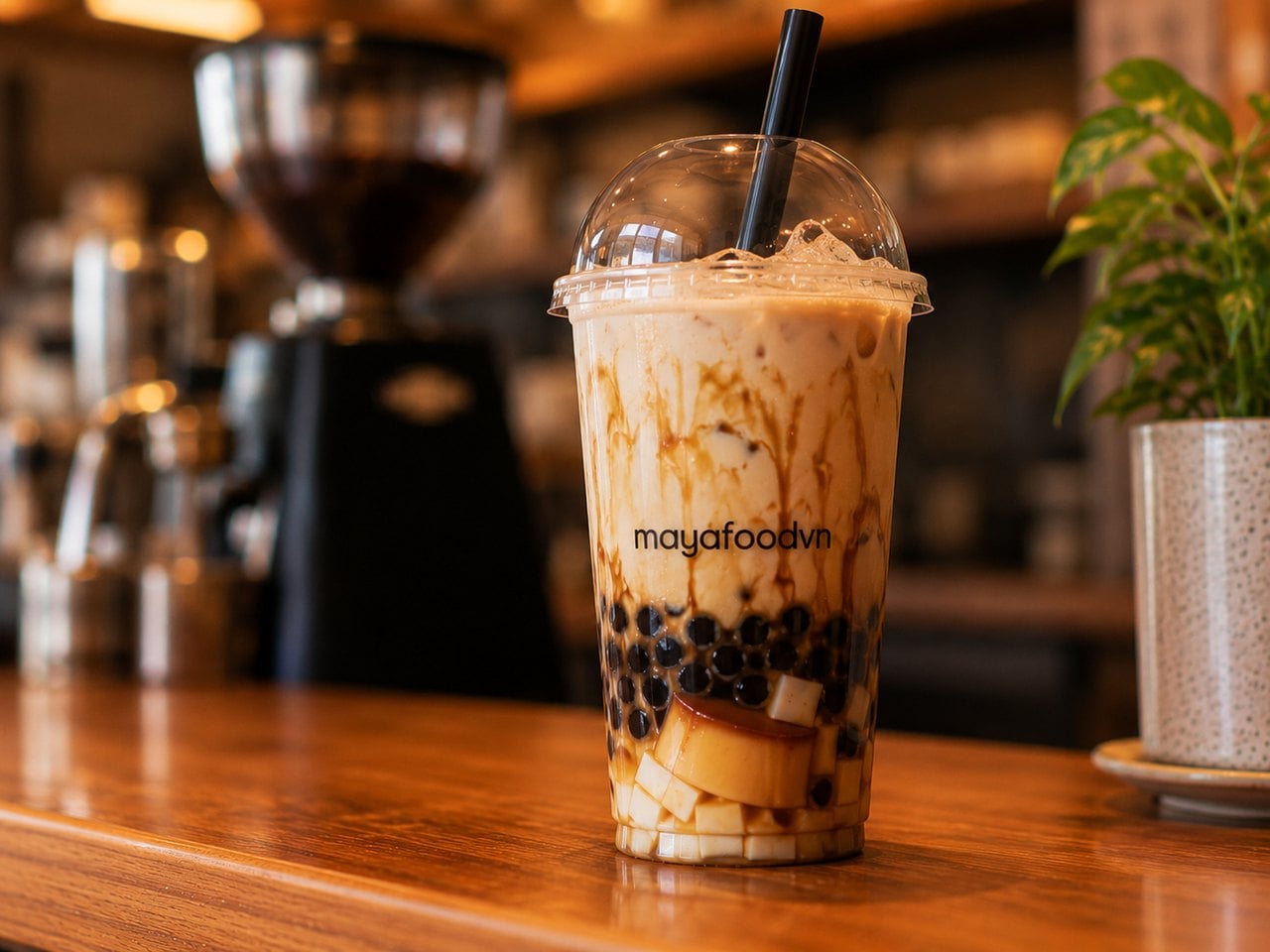 Cốc nhựa trong đựng trà sữa full topping trân châu, thạch phô mai, flan - Maya Food