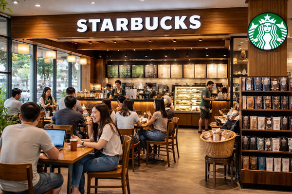 Không gian quán cà phê starbucks hiện đại với nhiều khách hàng ngồi làm việc và thư giãn