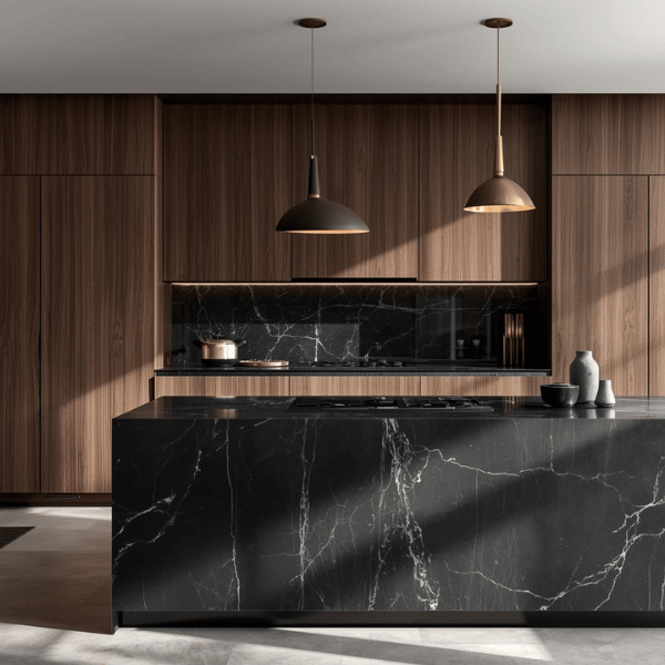 Dark walnut wooden cabinets with gold accents and black marble island in a high-end kitchen design