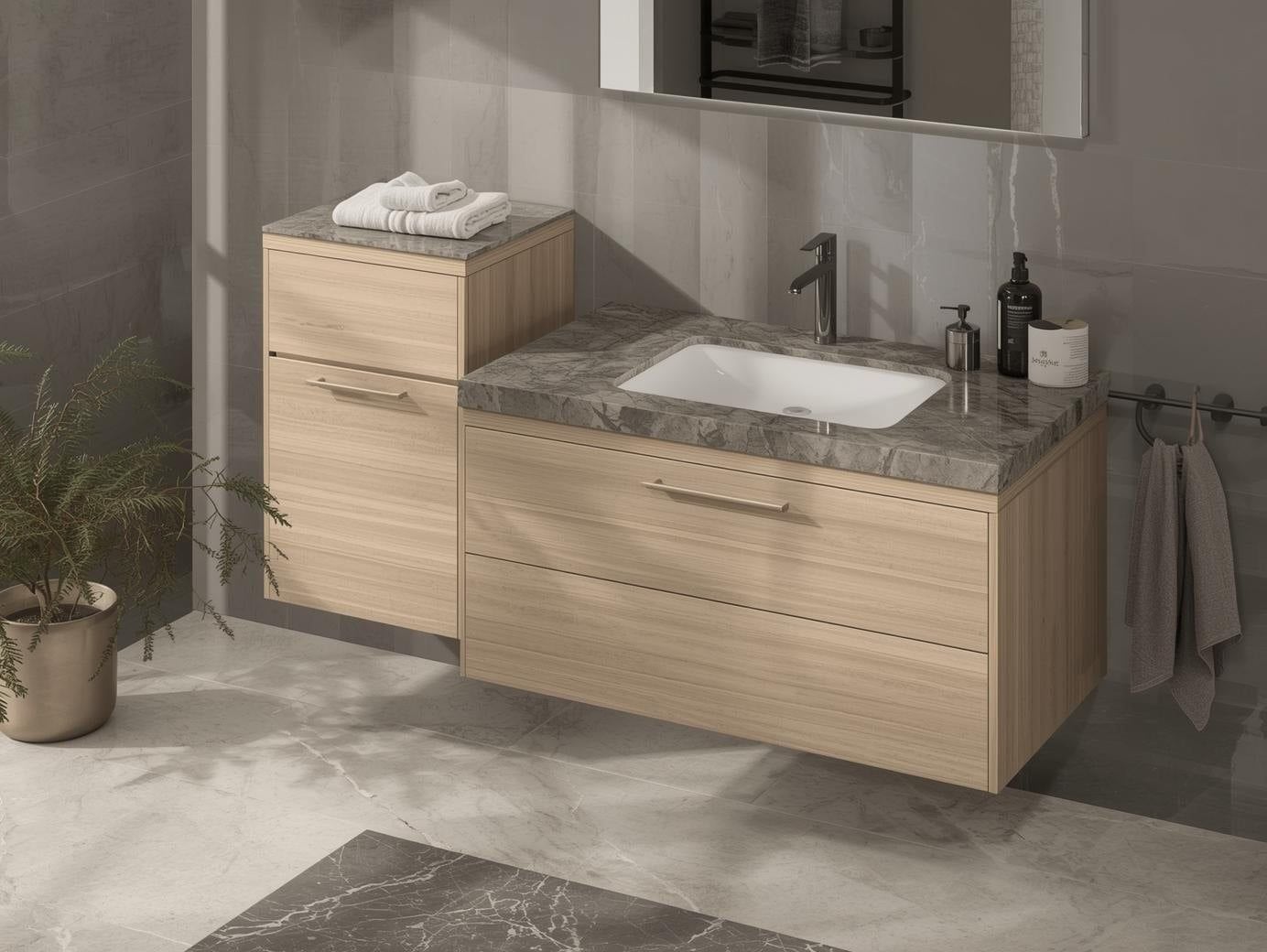 Modern beige wood floating vanity cabinet with stone countertop and integrated sink in contemporary bathroom