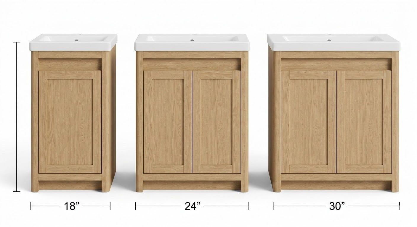 Small vanity cabinet size comparison for compact bathrooms with 18 inch, 24 inch, and 30 inch options