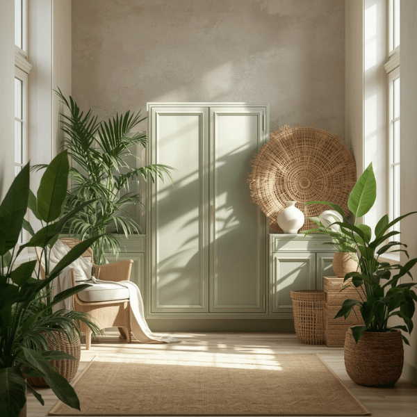 Sage green cabinets creating a peaceful and nature-inspired atmosphere symbolizing balance and calm.