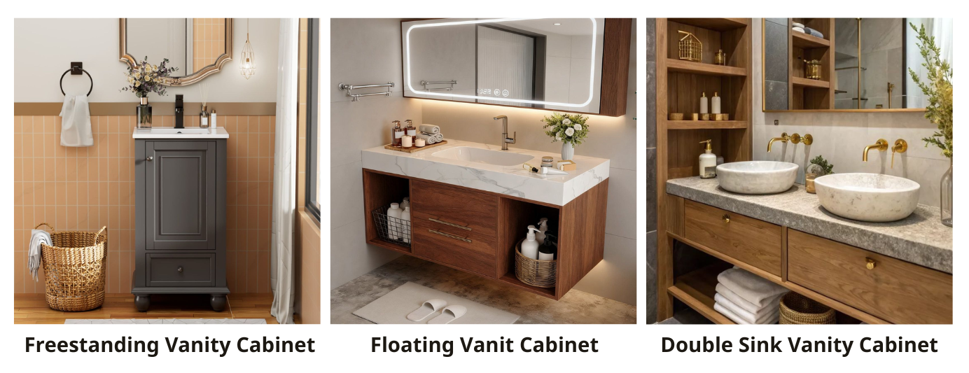 Different types of vanity cabinets including freestanding, floating, and double sink vanity cabinet styles for bathrooms
