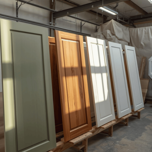 Cabinet doors in sage green, oak, and white undergoing finishing process at VIC Cabinet Vietnam.