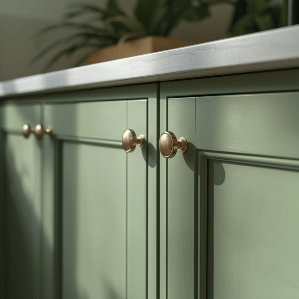 Close-up of sage green cabinet finish showcasing craftsmanship and quality from VIC Cabinet Vietnam.