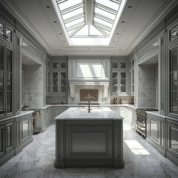 Elegant sage and white European-style luxury kitchen cabinets by VIC Cabinet Vietnam.