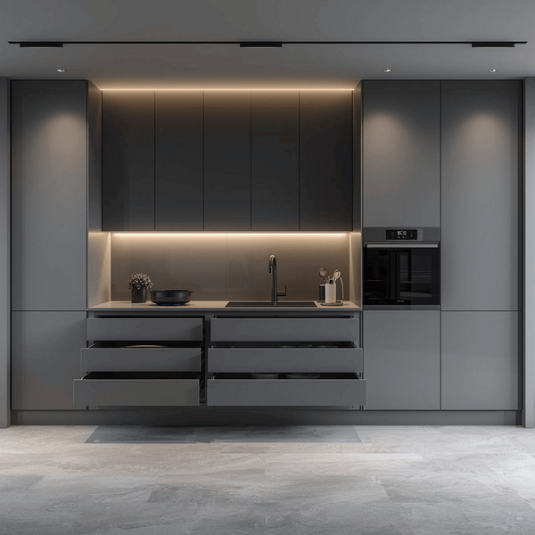 Frameless cabinet kitchen showcasing full-access drawers and seamless space-saving design by VIC Cabinet Vietnam.