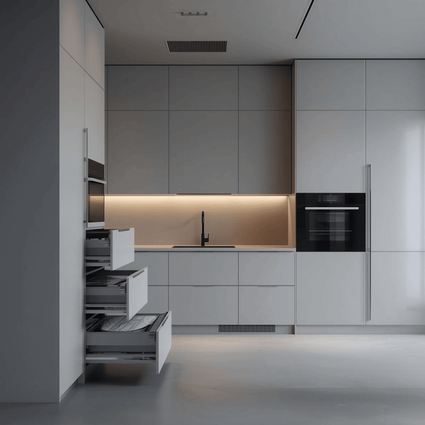 Modern frameless kitchen with two-tone cabinet finishes showcasing design versatility by VIC Cabinet Vietnam.