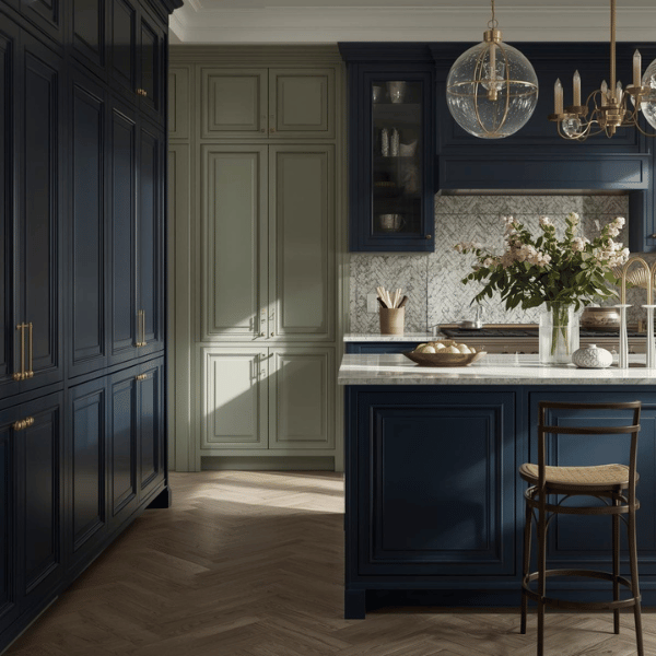 Navy blue and sage green cabinets paired with brass handles and marble surfaces in a luxurious kitchen