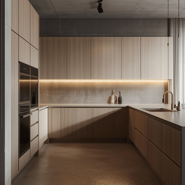 Modern industrial-style luxury kitchen featuring light oak frameless cabinets by VIC Cabinet Vietnam.