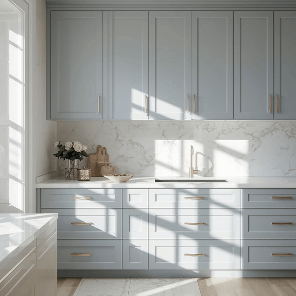 Pastel blue cabinets with champagne gold handles in a bright luxury kitchen design