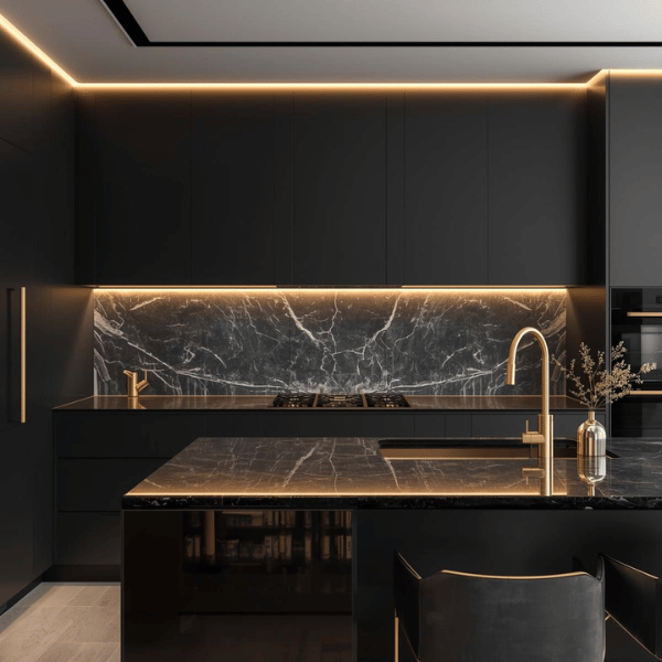 Matte black frameless cabinets with gold fixtures create a sophisticated modern kitchen by VIC Cabinet Vietnam