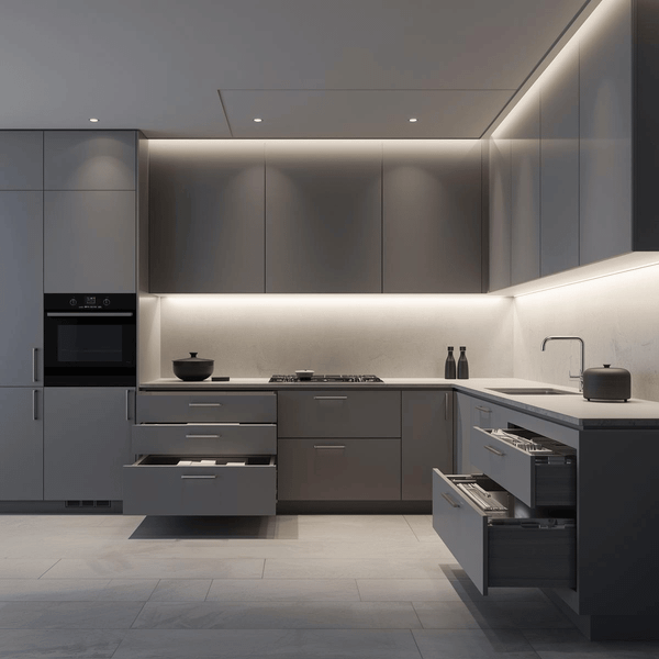 Macro shot of precise frameless cabinet alignment and durable hardware by VIC Cabinet Vietnam.