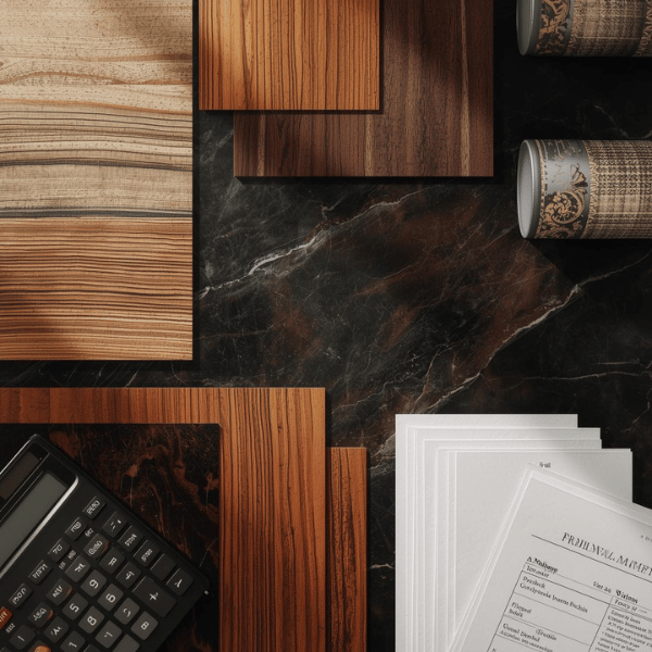 Wood veneer samples and pricing documents representing cost impact on cabinet manufacturing